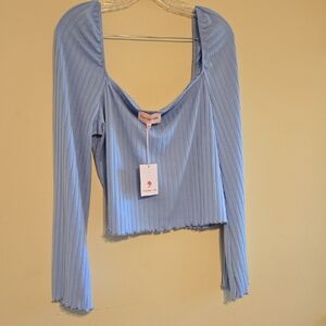 Lisa Says Gah Blue Ribbed Crop Blouse